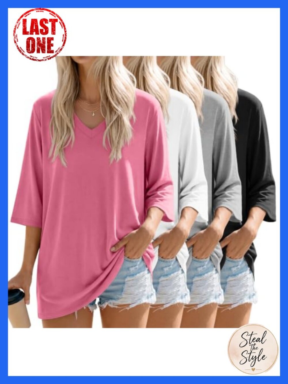 Womens Oversized V Neck 3/4 Sleeve T Shirts Cotton Blend Casual Tops